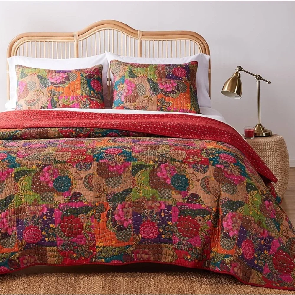 GREENLAND HOME NWT 100% cotton Kantha quilted Reversible bedding set -twin